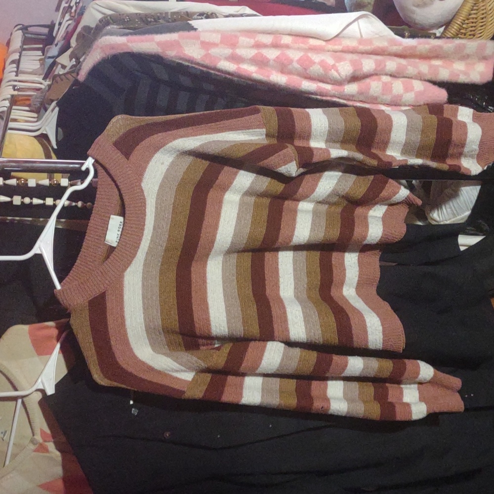 Pink Rose Striped Sweater - Brown, Cream, Pink